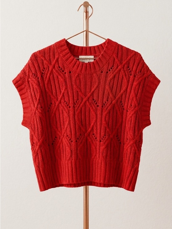 Zenana Outfitters Sweaters - Zenana Outfitters Red Cable-Knit Short-Sleeve Crewneck Sweater